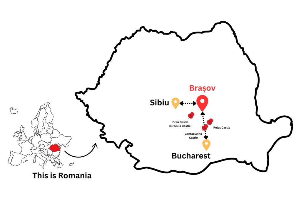 A map showing the position of Romania in Europe and then the position of Brasov city with the main airports closeby. The 3 Castles (Bran, Peles and Cantacuzino) are also pointed out