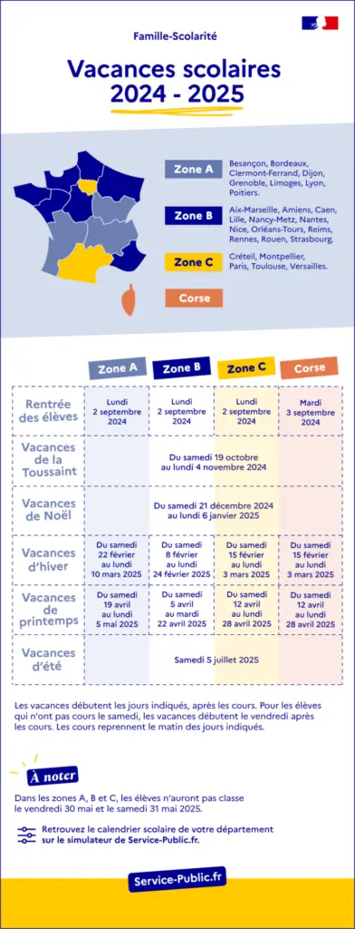 School days and free days in France for 2025