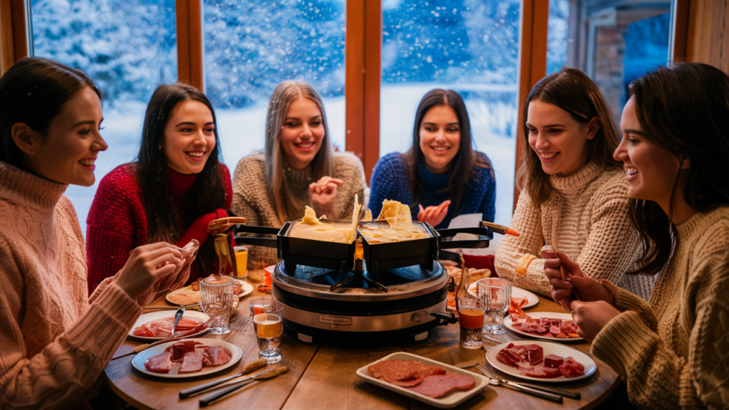 This image shows a group of friends enjoying a cozy raclette meal indoors, with a snowy winter landscape visible through large windows in the background. They are gathered around a table with a raclette grill, sharing melted cheese, sliced ​​meats, and other toppings, creating a warm and festive atmosphere. 