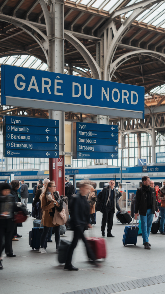 This image captures the bustling interior of Gare du Nord, a major train station in Paris. A blue sign prominently displays directions to cities like Lyon, Marseille, Bordeaux, and Strasbourg. Travelers with suitcases are seen moving through the station, adding a sense of activity under the iconic iron-and-glass structure.