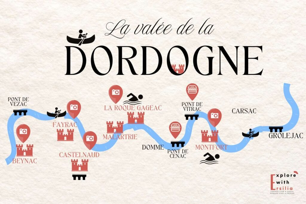 An illustrated map showing the Dordogne Valley (La valée de la Dordogne) in France. The blue meandering river connects several towns marked by red castle icons and location pins, including Beynac, Fayrac, Castelnaud, La Roque Gageac, Domme, Pont de Cenac, Montfort, and more. Icons indicate activities like canoeing, swimming, photography, and dining along the route. The design is simple and stylized, with black bridges, red castles, and activity symbols marking points of interest along the blue river.