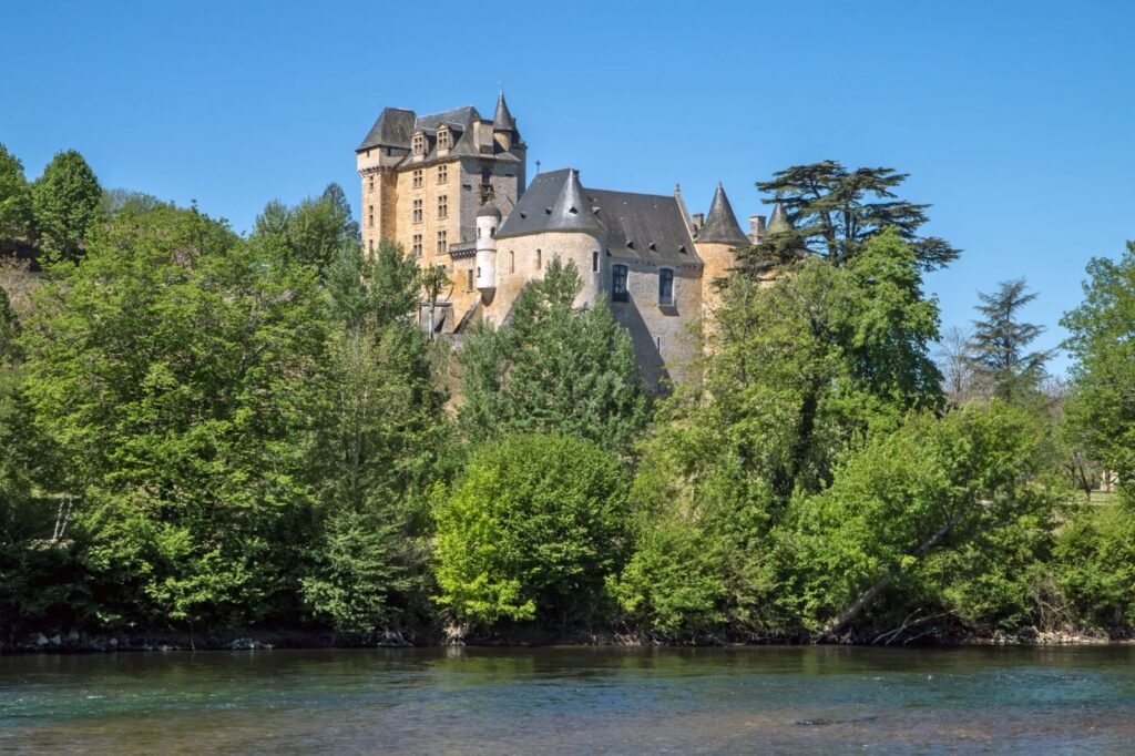 Château de Fayrac rises above the treeline on a hill overlooking the Dordogne River. The medieval castle features multiple towers with pointed slate roofs, honey-colored stone walls, and distinctive Renaissance architecture. The château is surrounded by lush green forest, and its reflection can be seen in the calm waters of the river below. The scene is captured on a clear, sunny day with bright blue skies.