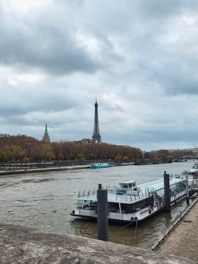 A view of the Seine River in Paris on a cloudy day, with the Eiffel Tower visible in the background. A river cruise boat is docked in the foreground, and another boat can be seen on the river. The riverbank is lined with autumn trees showing golden-brown colors. The scene captures the moody atmosphere with dramatic grey clouds overhead. A church spire with a green top can be seen to the left of the Eiffel Tower among the Parisian buildings.