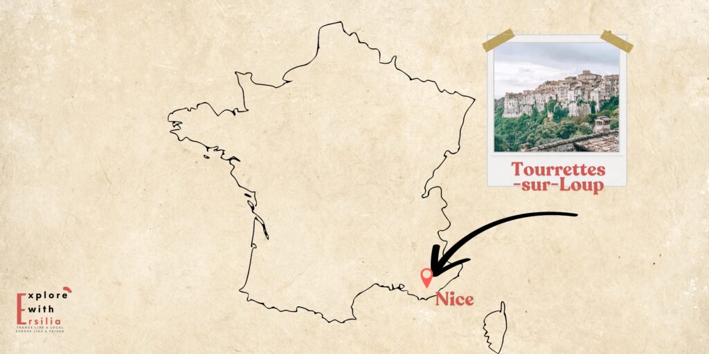 A simple outline map of France with a location marker and arrow pointing to Nice in the southeast, near which Tourrettes-sur-Loup is located. A polaroid-style photo is attached to the top right corner showing the village of Tourrettes-sur-Loup perched on its cliff. The map has a vintage, cream-colored background with the text "Tourrettes-sur-Loup" in coral-red lettering beneath the photo.