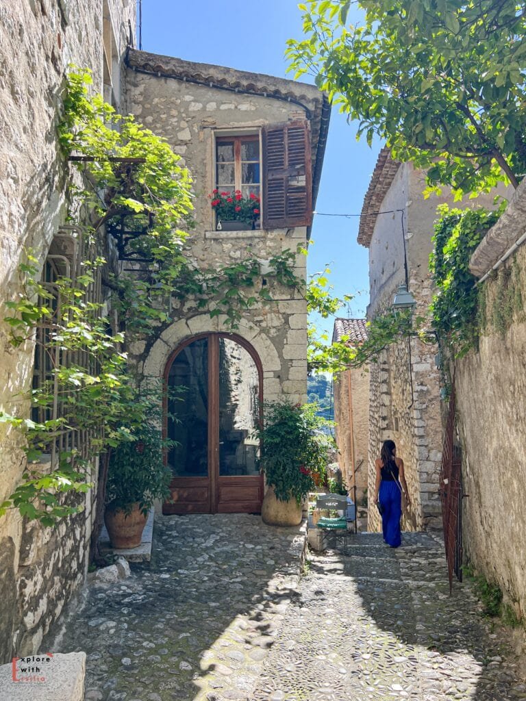 A charming alley in Saint-Paul-de-Vence with stone buildings, featuring an arched wooden doorway framed by climbing vines. A person in blue stands at the end of the cobblestone path, while flower pots and greenery adorn the rustic stone walls. Sunlight casts dappled shadows through overhanging foliage.