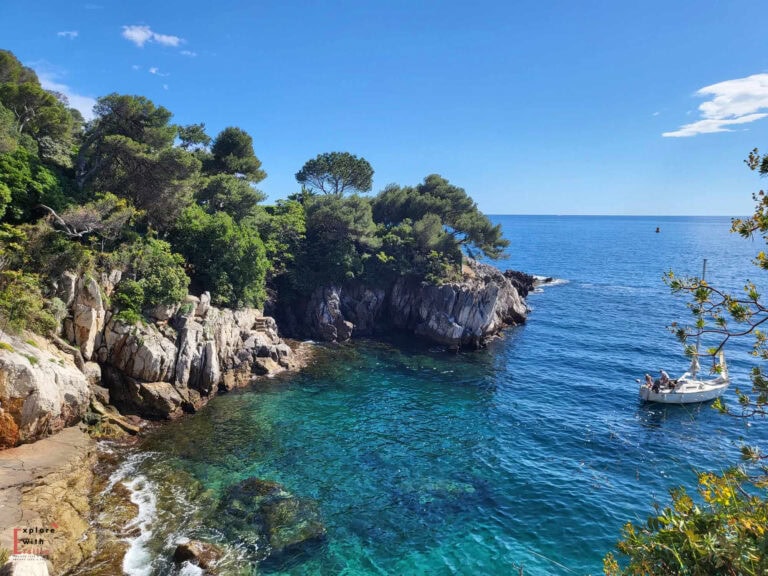 Rocky cove along Saint-Jean-Cap-Ferrat's coastline, with transparent turquoise waters meeting the deep blue Mediterranean. Pine trees grow atop the rugged limestone cliffs, creating a classic French Riviera seascape.