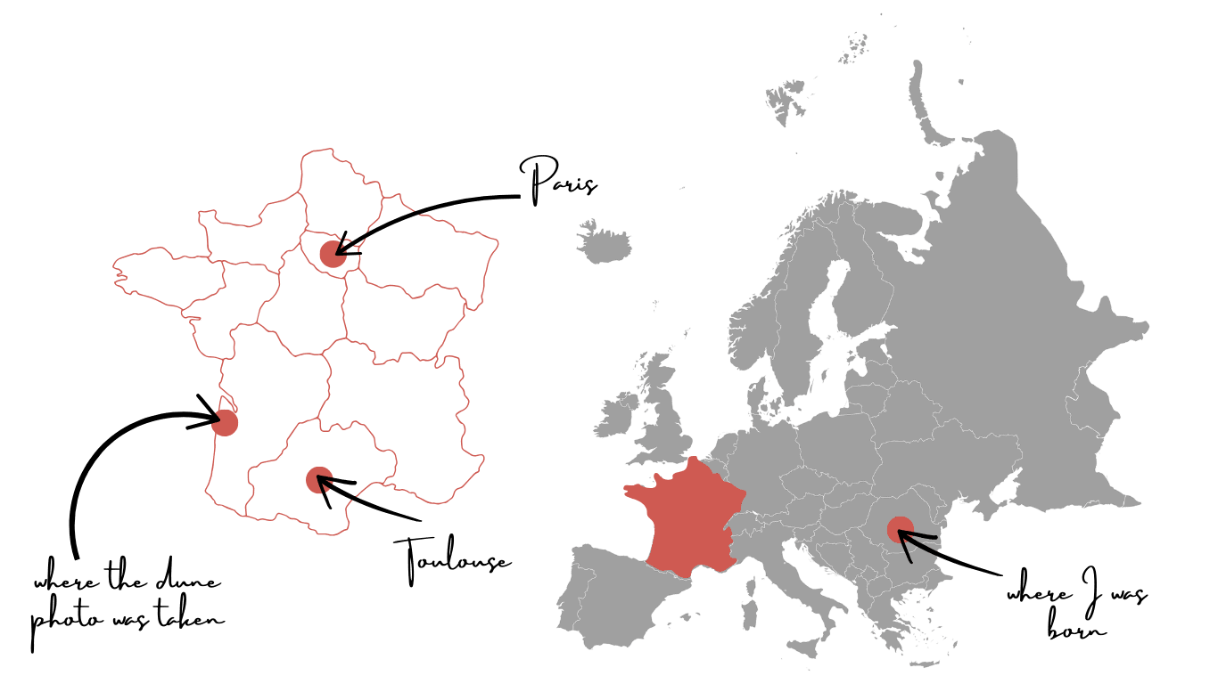 This image features two maps:

On the left, a map of France is outlined in red, with certain regions marked by red circular icons, some containing arrows or partial pie-chart shapes.
On the right, a grayscale map of Europe highlights France in red, along with another red-marked location in Eastern Europe (possibly Romania), which has a black arrow pointing to it.