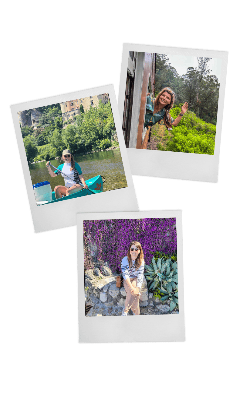 This image features three Polaroid-style photos arranged together.

The top-right photo shows a woman leaning out of a train window, smiling and waving at the camera. Lush green scenery with tall trees is visible in the background.
The bottom photo features a woman sitting on a stone bench with blooming purple flowers and succulent plants behind her. She wears sunglasses and a striped shirt while posing casually.
The left photo captures a woman paddling a canoe on a calm river, with an old castle or historic building partially hidden by green trees in the background.