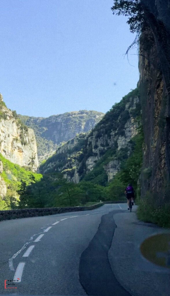 A winding mountain road snakes through the dramatic Gorges du Loup, with steep limestone cliffs rising on both sides, surrounded by dense Mediterranean vegetation under a bright blue sky. The smooth tarmac road showcases the perfect terrain for road cycling