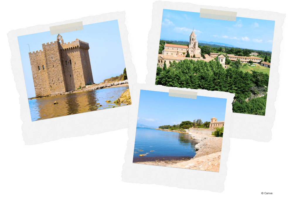 Polaroid-style collage of three images from the Lérins Islands near Cannes: the medieval Fort Royal on Île Sainte-Marguerite with its stone fortress rising from the water, the historic Lérins Abbey on Île Saint-Honorat surrounded by pine forests, and a peaceful Mediterranean shoreline with clear blue waters and a stone structure along the coast.