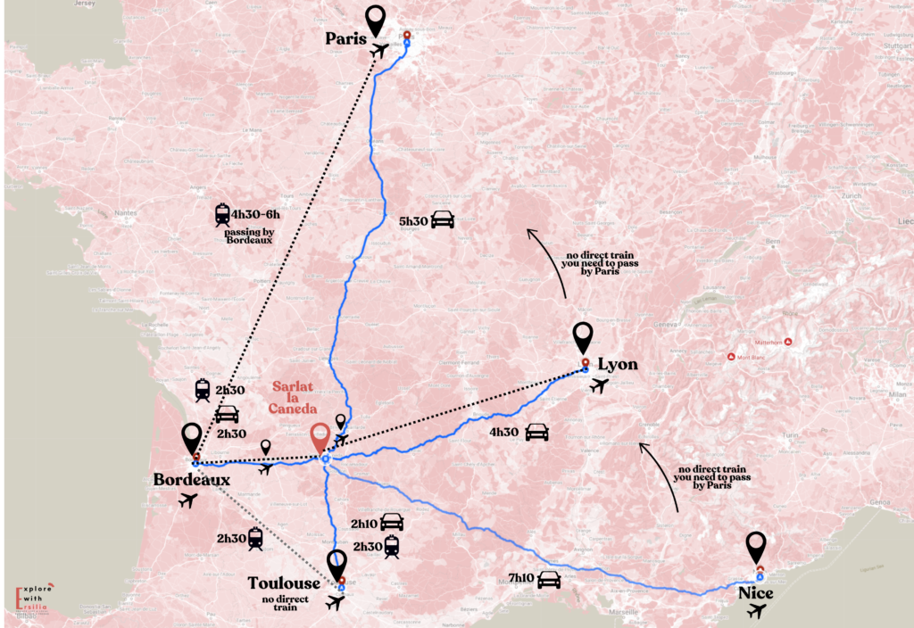 Transportation map showing how to get to Dordogne (Sarlat-la-Canéda) from major French cities, featuring travel times by train (Paris: 4h30-6h via Bordeaux, Bordeaux: 2h30) and car (Paris: 5h30, Lyon: 4h30, Bordeaux: 2h30, Toulouse: 2h10, Nice: 7h10), with airport locations marked and route connections indicated.