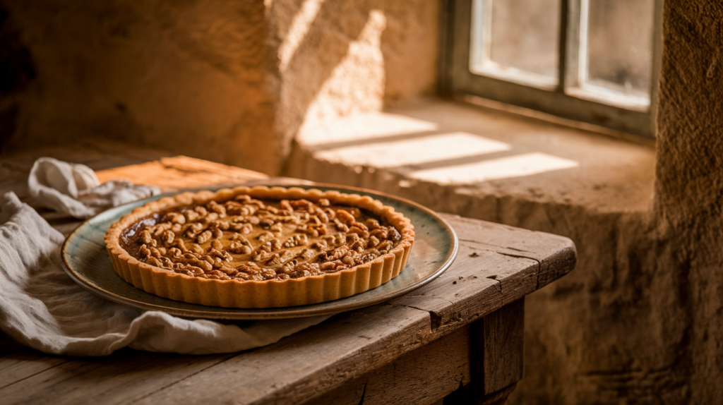 A classic Périgourdine walnut tart (Tarte aux Noix du Périgord) displayed on an antique wooden table in a traditional stone farmhouse kitchen in the Dordogne region of France.