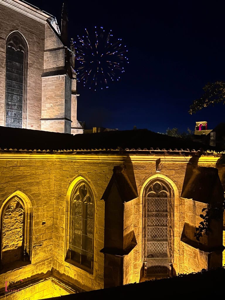 view over the gothic cathedral, at night, watching the firewokrs