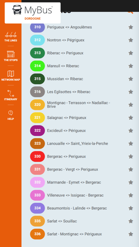 a list of buses in the dordogne valley, easy to understand with colors for each bus