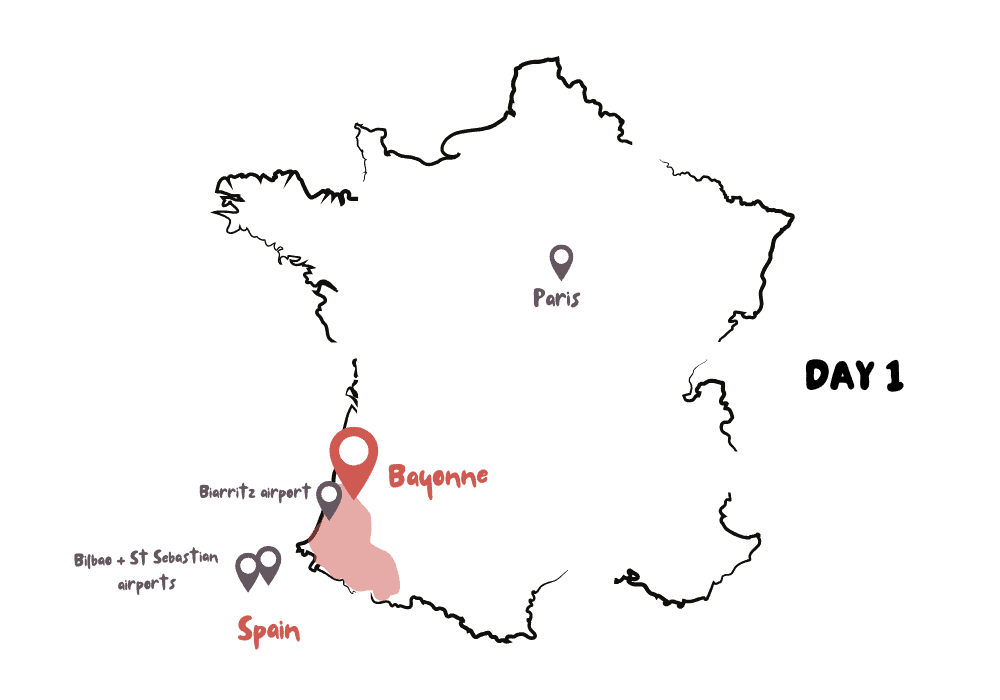 Day 1 itinerary map for exploring the French Basque Country without a car, showing France's outline with Bayonne highlighted as the first destination. The map marks Paris with a gray pin for reference and features Bayonne with a prominent red location pin within the pink-colored Basque region. Nearby transportation options including Biarritz airport, Toulouse airport, and Spanish airports (Bilbao/San Sebastian) are also indicated, establishing the starting point for this 7-day journey.