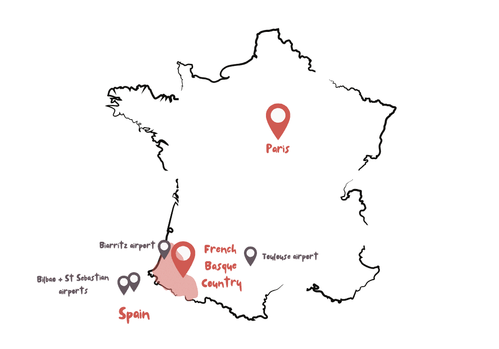 a map showing where the french basque country is, and where are the closest airports to it (either in Spain or in France)