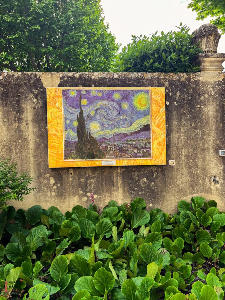 A reproduction of Van Gogh’s “The Starry Night” mounted on an outdoor stone wall above leafy green plants, with trees and sky peeking over the top of the wall at the Saint-Paul de Mausole asylum garden.