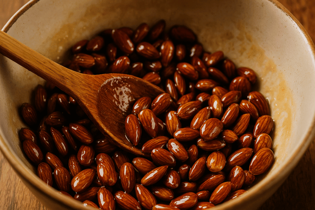 Close-up of a ceramic bowl filled with glistening roasted almonds coated in a sticky glaze, with a wooden spoon partially submerged among the nuts, suggesting they’ve been freshly stirred or seasoned.
