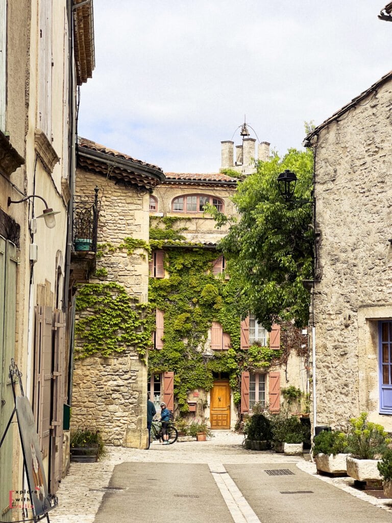Narrow lane in Saignon village, a hidden gem in Provence, leading to a charming stone house covered in ivy with rosy shutters and a warm wooden door. The peaceful street is lined with potted plants and classic Provençal architecture, creating a storybook atmosphere.
