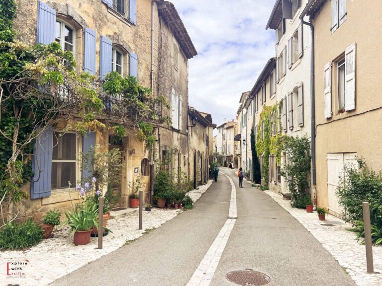 Quaint street in a Provence village, lined with pastel shutters, flowering potted plants, and ivy-covered stone facades—an idyllic stop on a day trip from Aix en Provence and one of the best villages to see in Provence for authentic charm and quiet beauty.